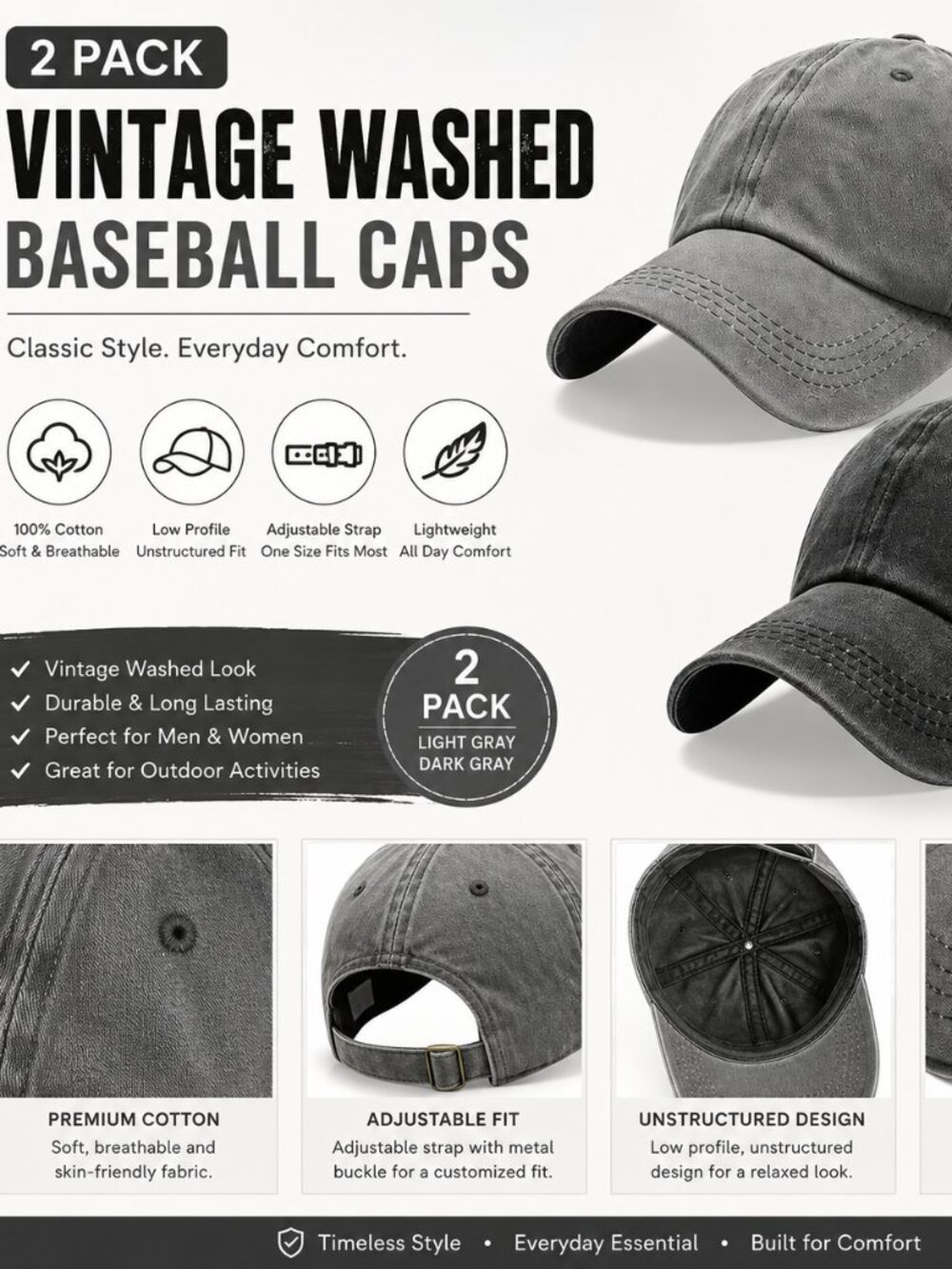 2Pack Vintage Washed Cotton Baseball Caps, Adjustable Low Profile Dad Hat, Uncon